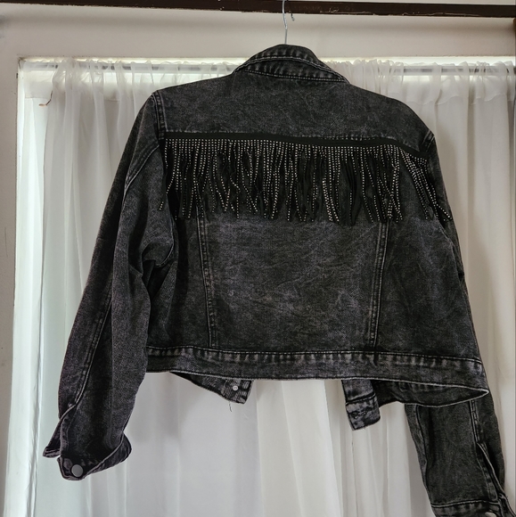 Edgy Black Denim Jacket with Fringe - Picture 1 of 3
